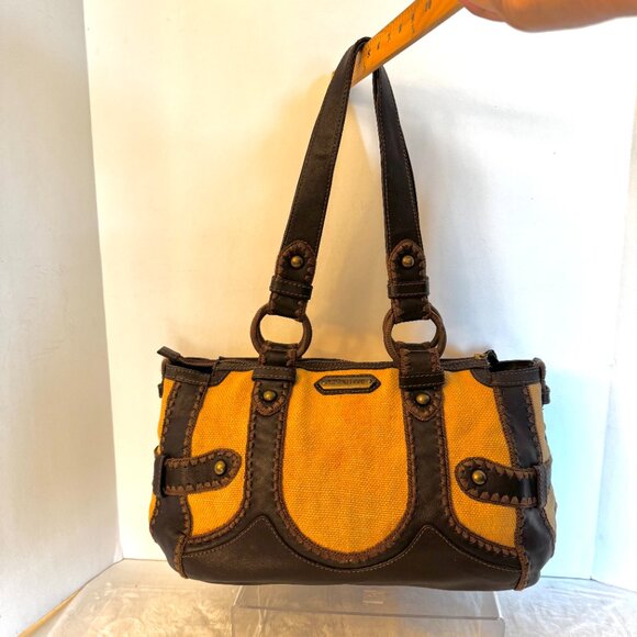 Isabella Fiore Woven Burlap Brown Leather Hobo Studded Shoulder Handbag Vtg Y2K - Picture 1 of 16